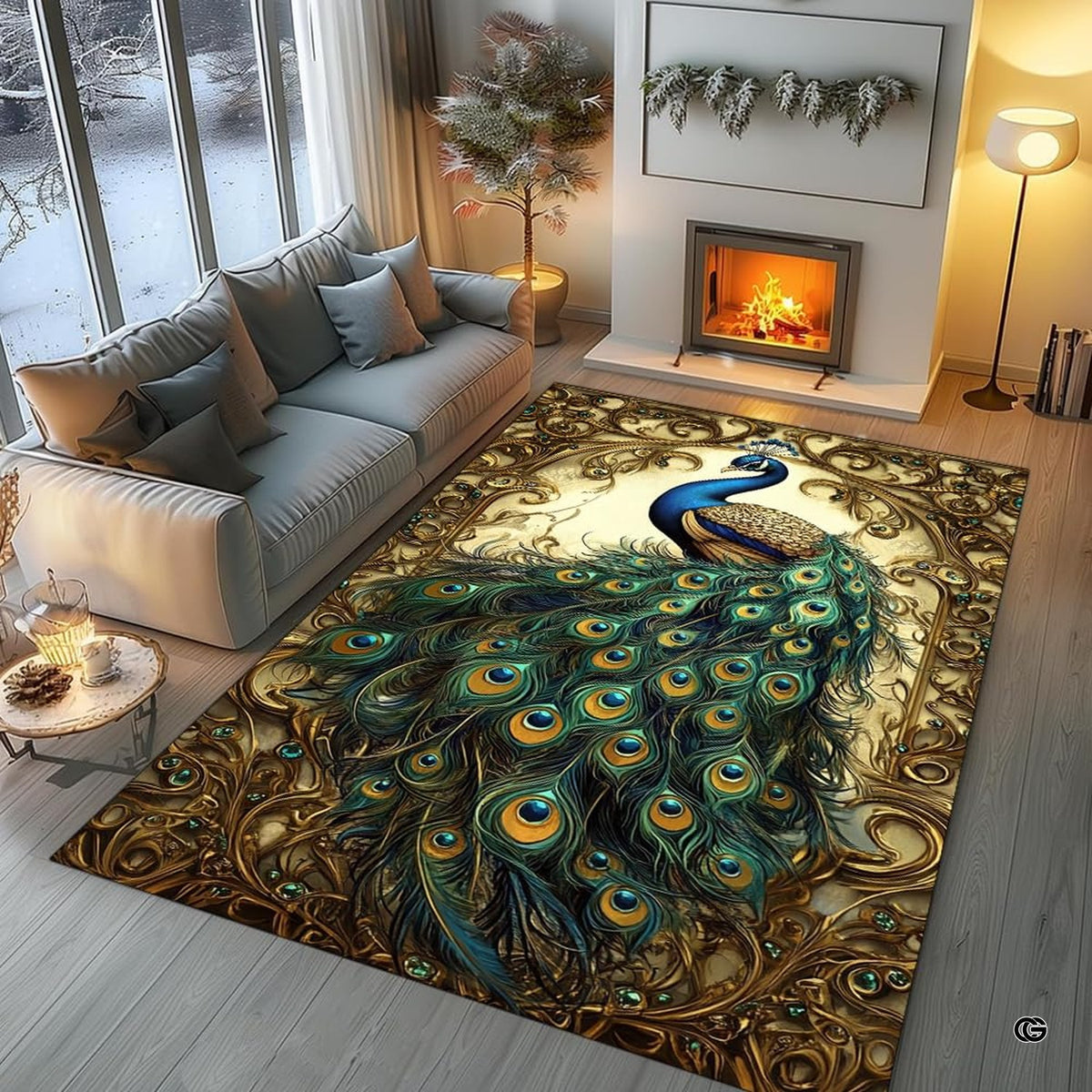 Parlor layout displaying the ornate baroque peacock bird rug centered on flooring - image 5 of 8