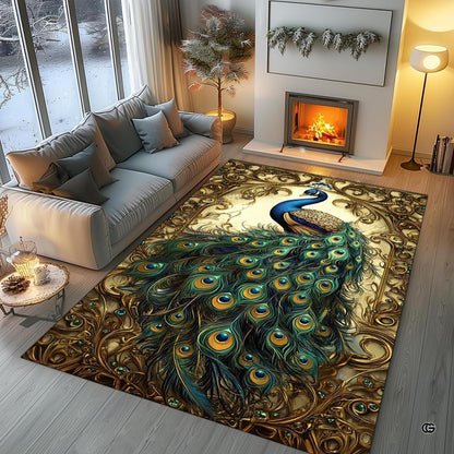 Parlor layout displaying the ornate baroque peacock bird rug centered on flooring - thumbnail image 5 of 8