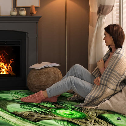 Detailed scales and glowing chartreuse smoke background of fantasy dragon area rug. - thumbnail image 8 of 8