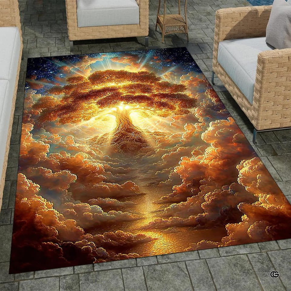 Golden celestial tree area rug displayed between neutral lounge chairs on patio tiling.