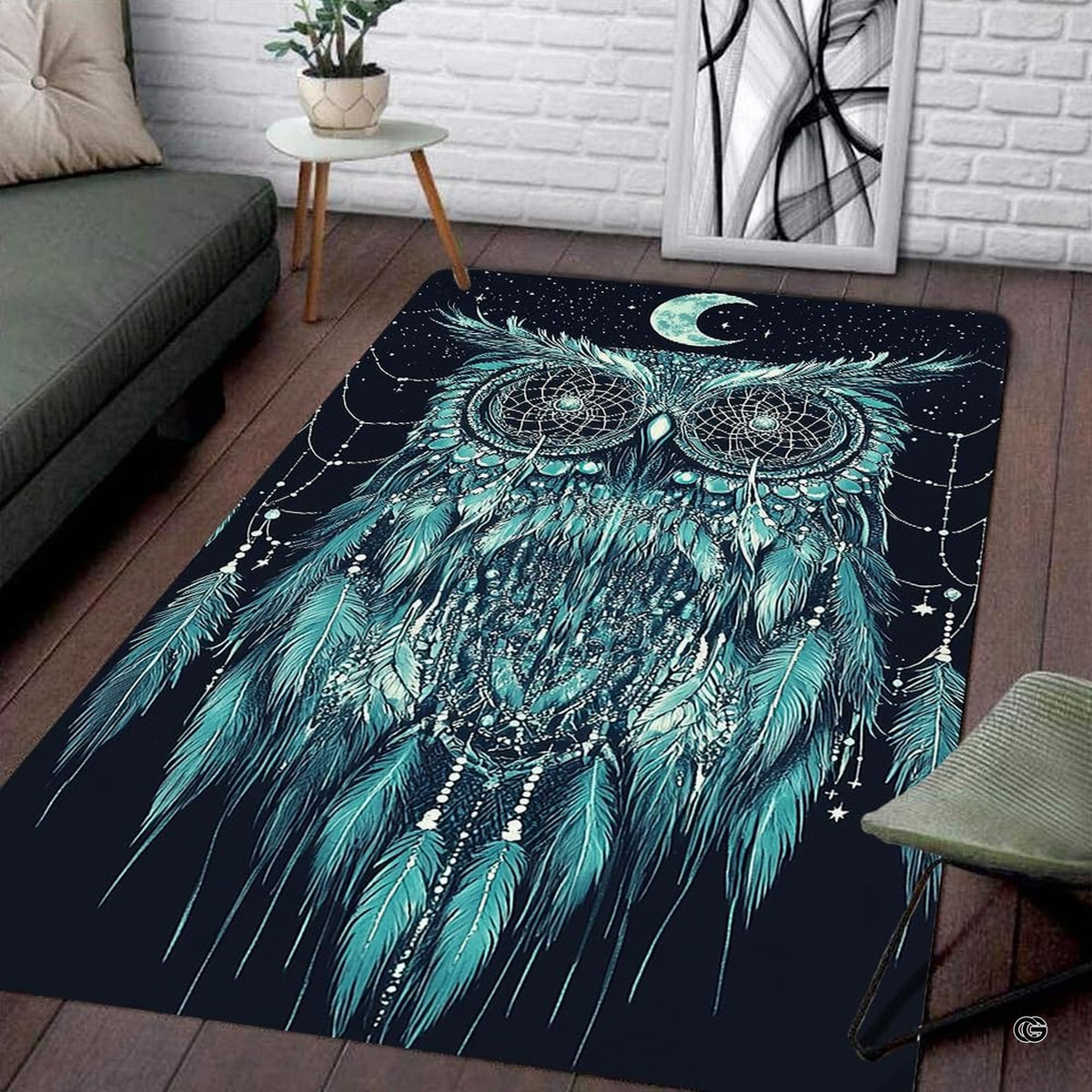 Dreamcatcher owl graphic on a mystic collection area rug styled in modern living room decor. - image 3 of 8
