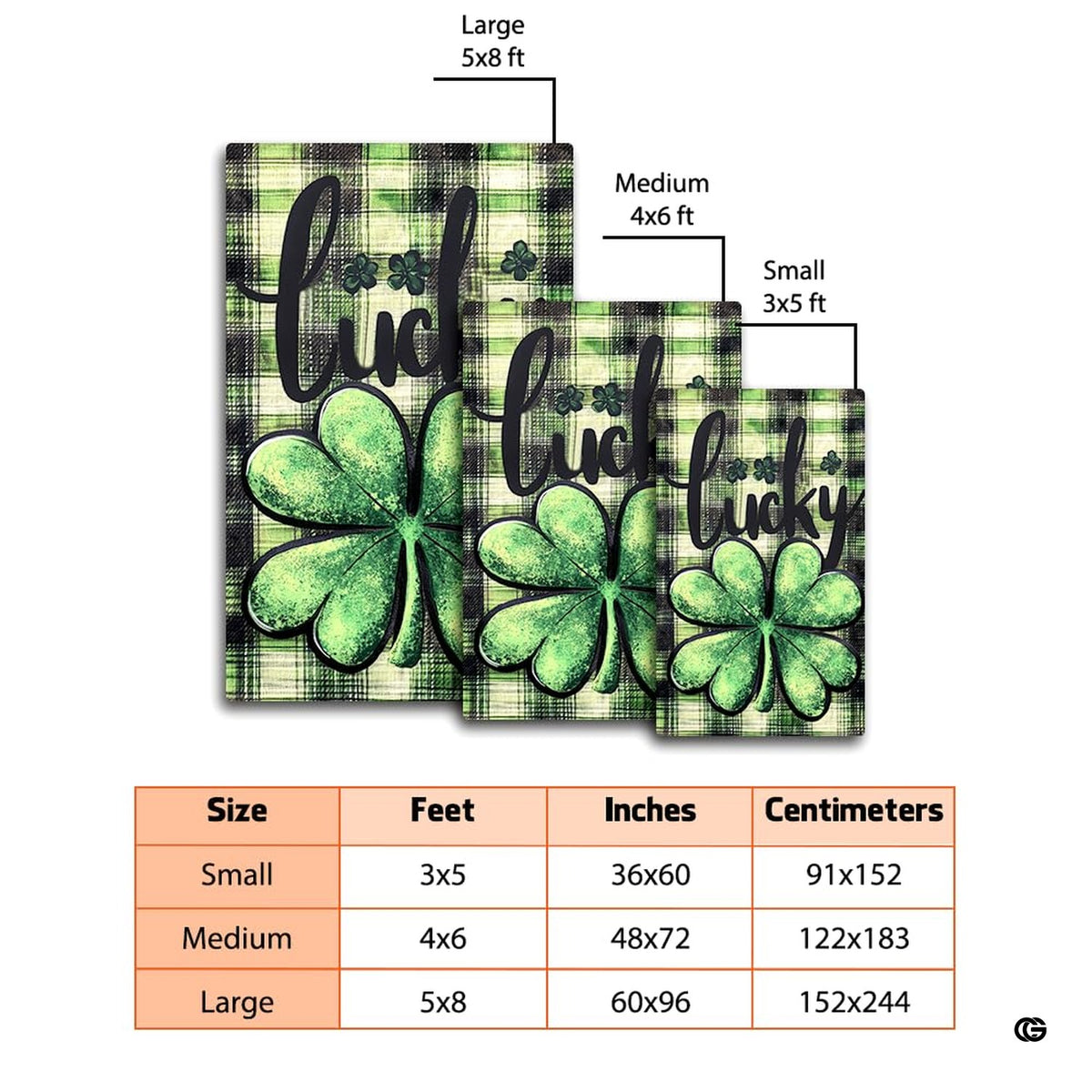 Dimensions and sizing chart for lucky shamrock clover tartan plaid area rug - image 2 of 8