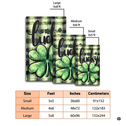 Dimensions and sizing chart for lucky shamrock clover tartan plaid area rug - thumbnail image 2 of 8