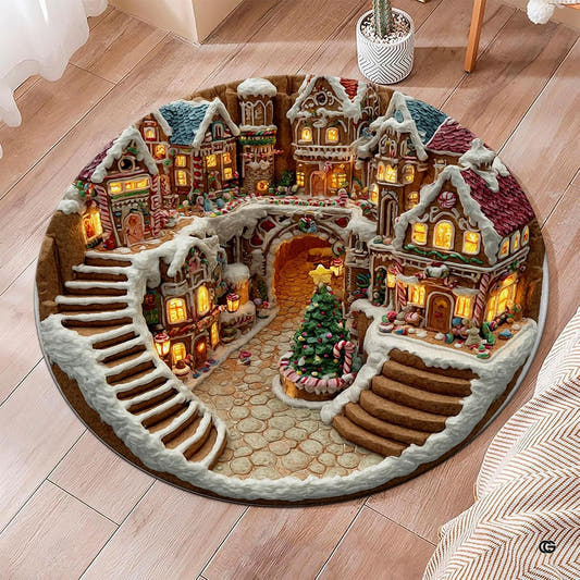 Round gingerbread village Christmas rug with iced houses, candy accents, stairways, and a decorated tree