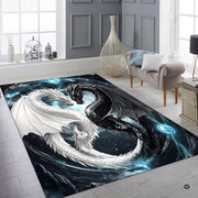 Bedroom layout showing the Yin Yang fantasy dragon rug near wooden furnishings - thumbnail image 6 of 8