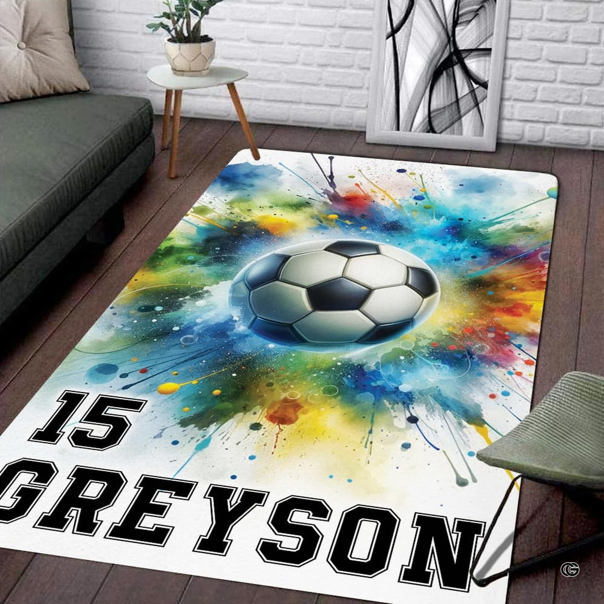 Contemporary game room display anchored by colorful soccer watercolor athletic area rug.