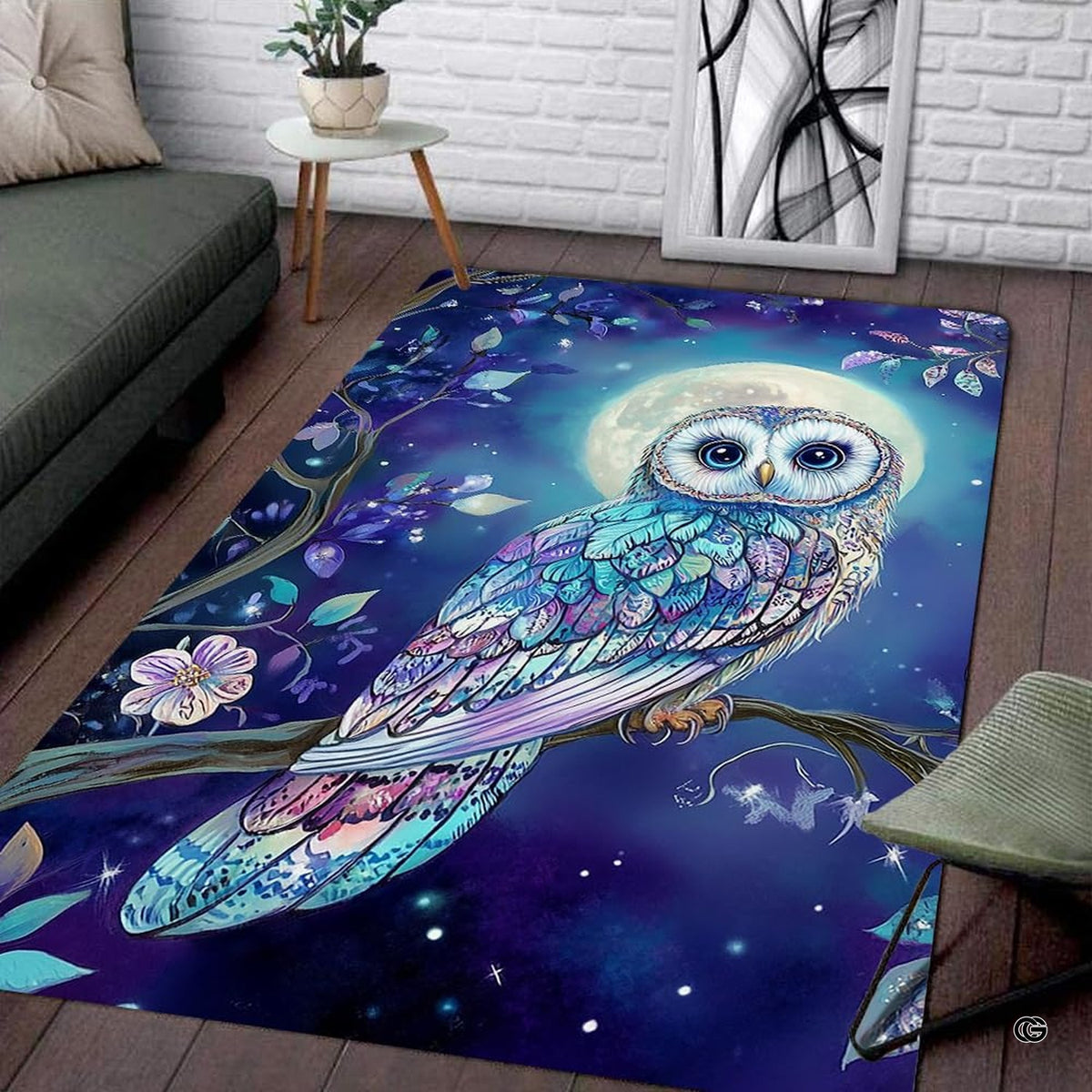 Close-up visual of patterned owl artwork with violet, lavender, and pink floral night foliage. - image 3 of 8