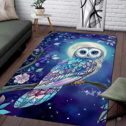 Close-up visual of patterned owl artwork with violet, lavender, and pink floral night foliage. - thumbnail image 3 of 8