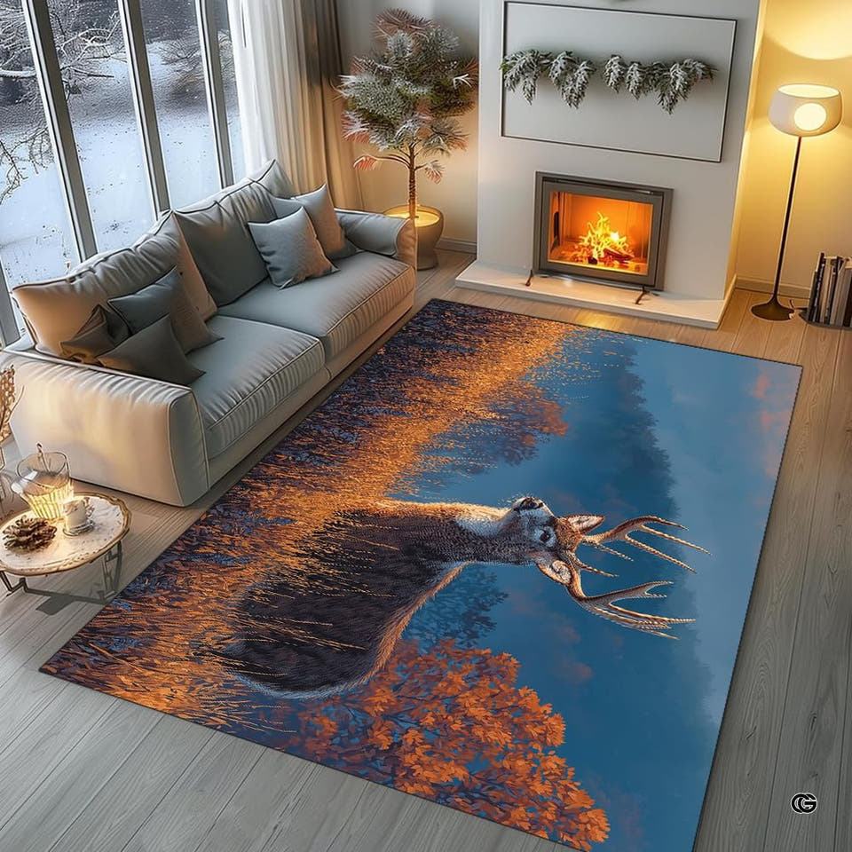 Autumn deer buck area rug displaying an antlered stag amid golden autumn trees in a living room.