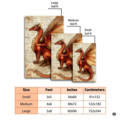 Leonardo da Vinci style red dragon anatomy sketch on vintage handwritten parchment paper area rug. - thumbnail image 2 of 8