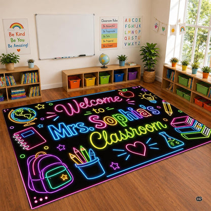 Personalized Teacher Classroom Rug, Custom Back to School Welcome Mat with Name, Kindergarten Preschool Elementary Decor, Composition Notebook Carpet (A08)