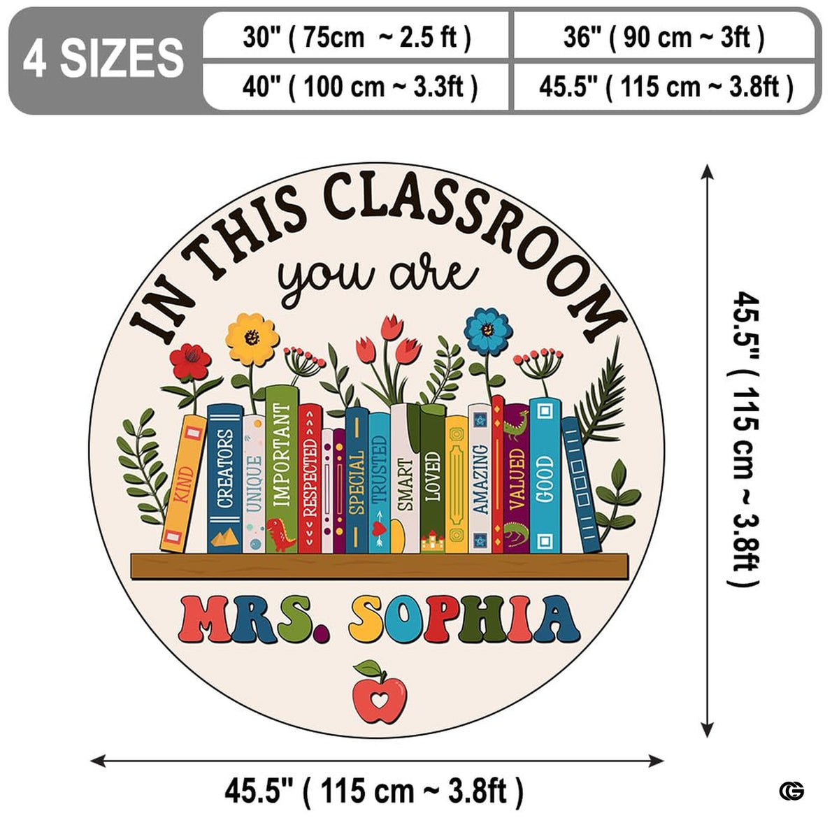 Top-down view of educational themed round area rug with retro pastel book spines and botanical blossoms. - image 2 of 7