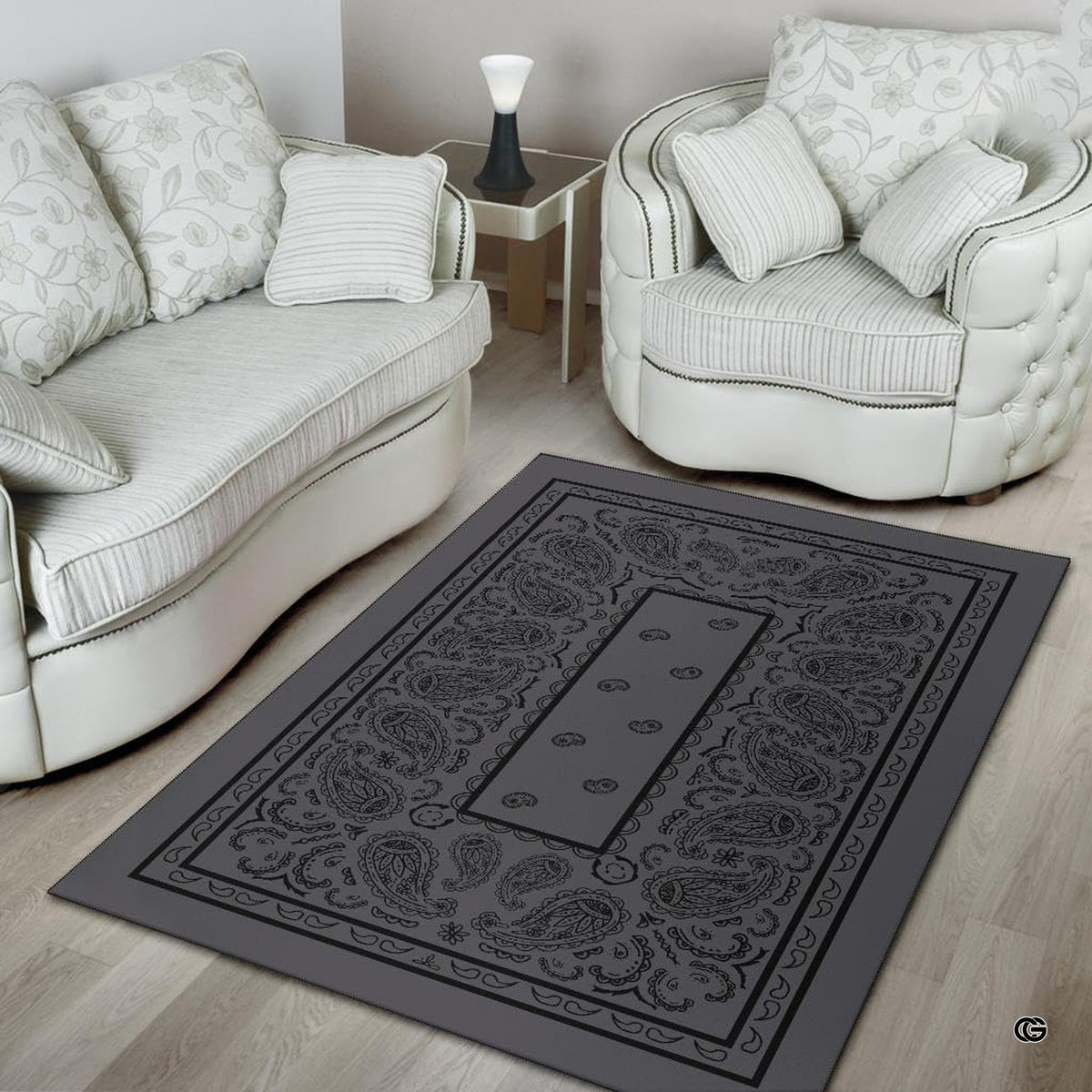 Non-slip rubber backing and bound edge stitching on charcoal bandana rug - image 4 of 9