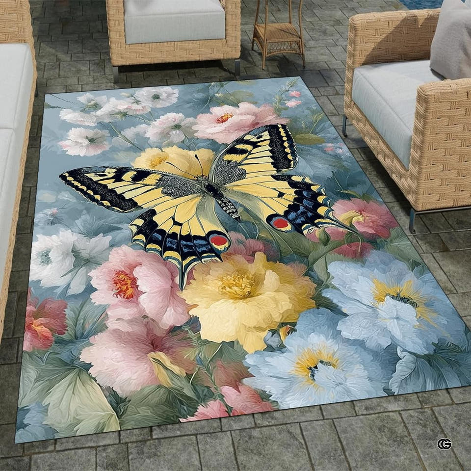 Yellow swallowtail butterfly and pastel peony floral floor rugs overhead view.