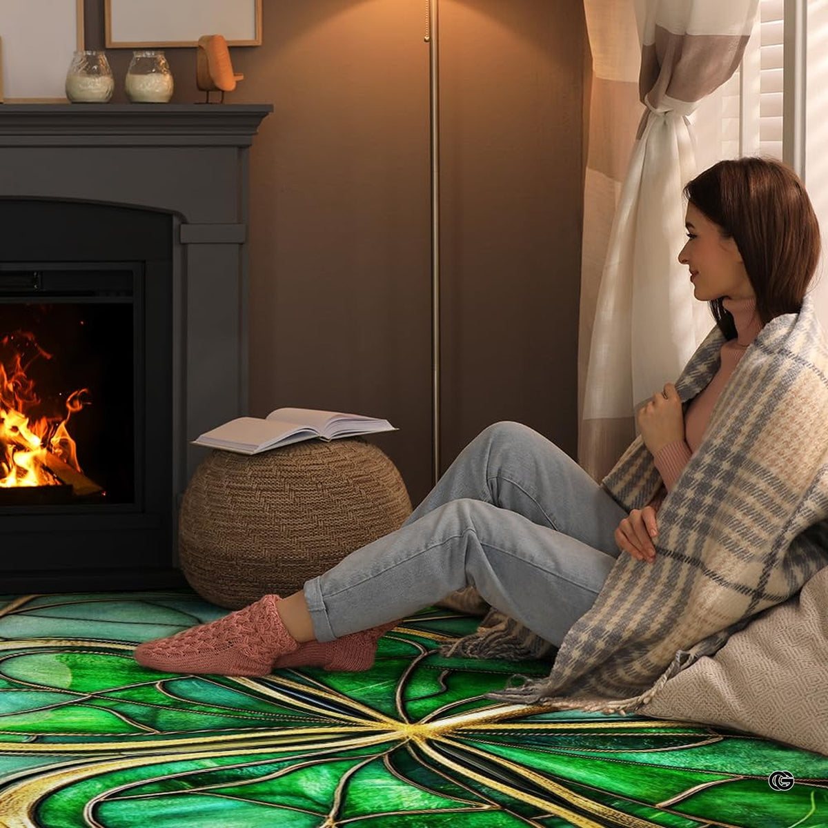 Angle view showcasing the gold line art and clover medallion of the stained glass area rug. - image 8 of 9