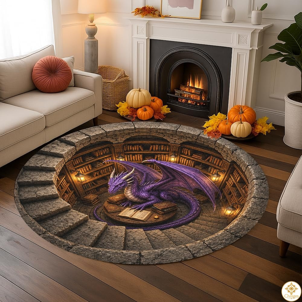 Personalized Dragon Round Rug with 3D Effect and Bookshelf