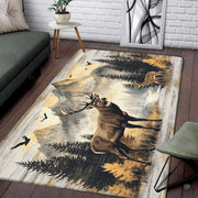 Angled view displaying the decorative accent amber gold and deep forest green color transitions across the woodland rug... - thumbnail image 4 of 5