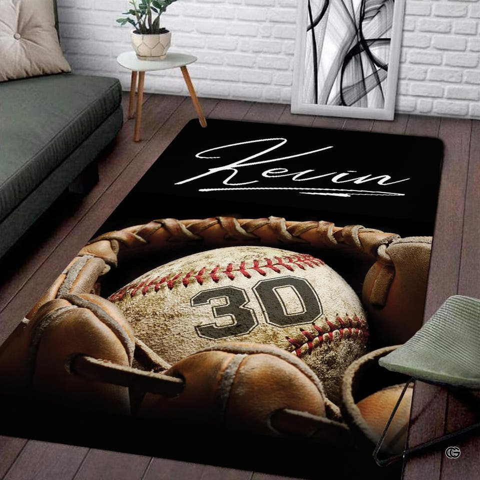 Vintage baseball themed area rugs display featuring weathered glove artwork on dark backdrop.