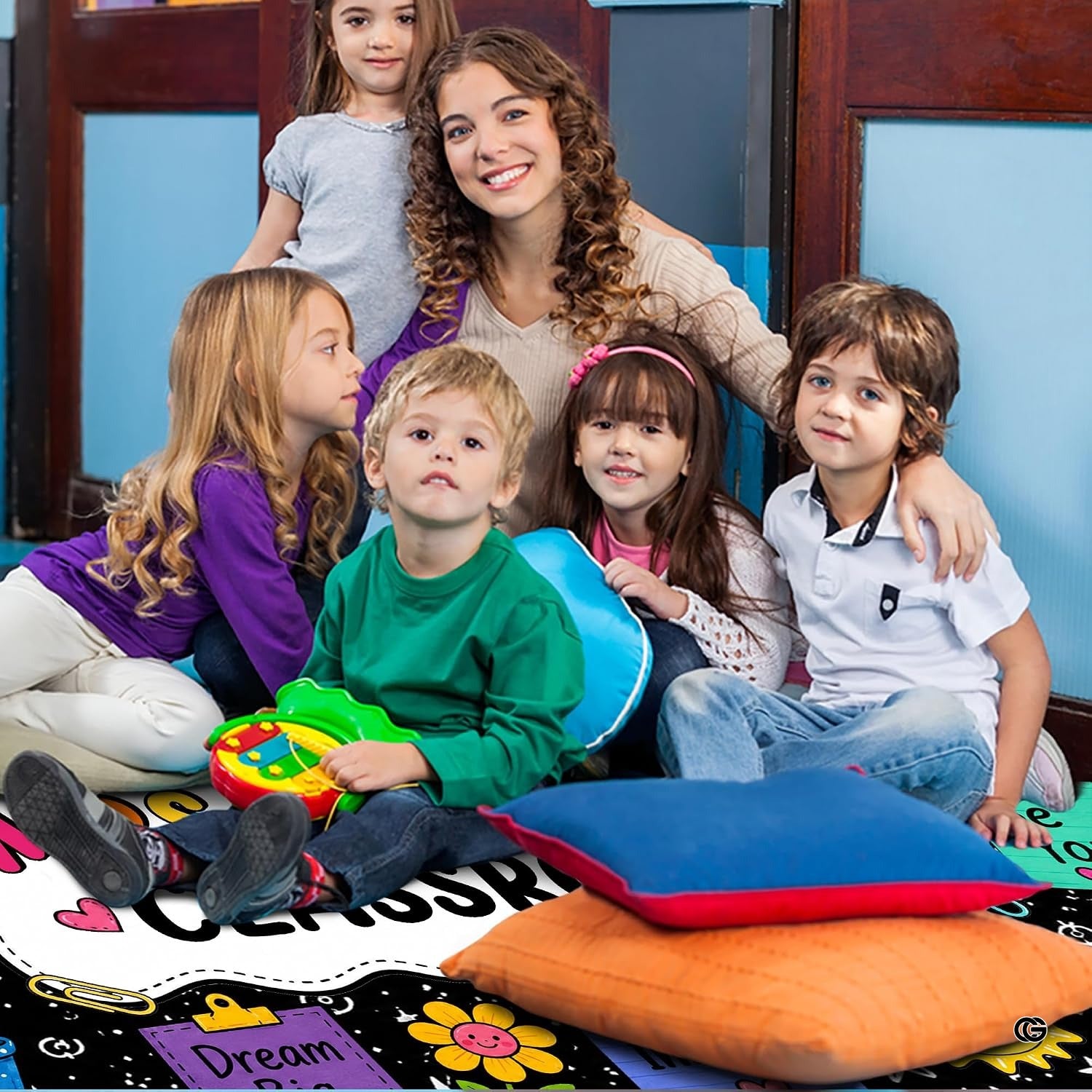 Personalized Teacher Classroom Rug, Custom Back to School Welcome Mat with Name, Kindergarten Preschool Elementary Decor, Composition Notebook Carpet (A04)