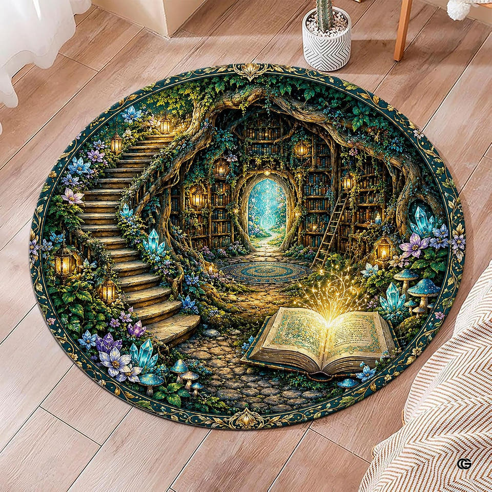 Direct top view of mystic treehouse library round area rug showing glowing spellbook and stone path.
