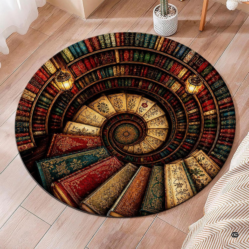 3D spiral antique book staircase optical illusion circular area rug in primary perspective