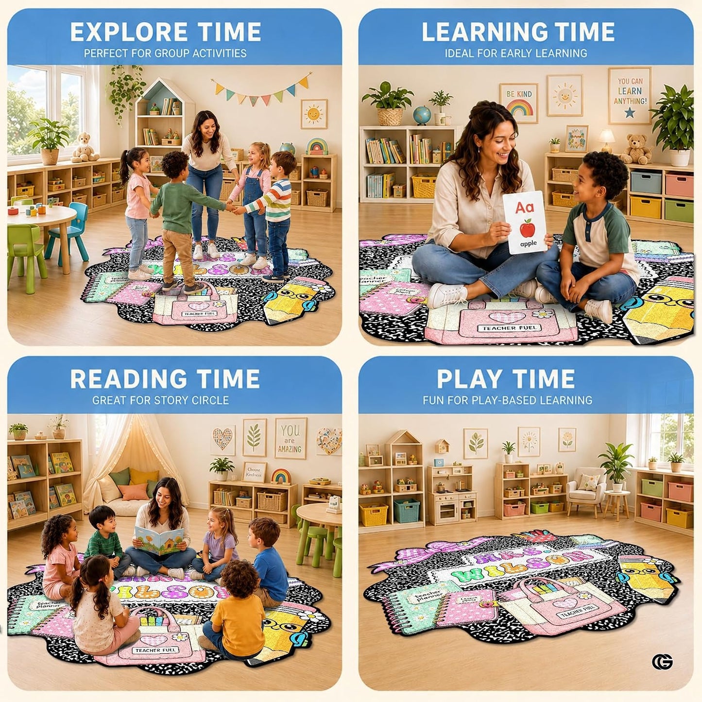 Personalized Composition Notebook Classroom Shaped Rugs for Kids (A01) | Custom Pennant Flag Carpet for Reading Corner, Non-Slip Apple Shape Rug Mat, Classroom Decor, Back To School Gift