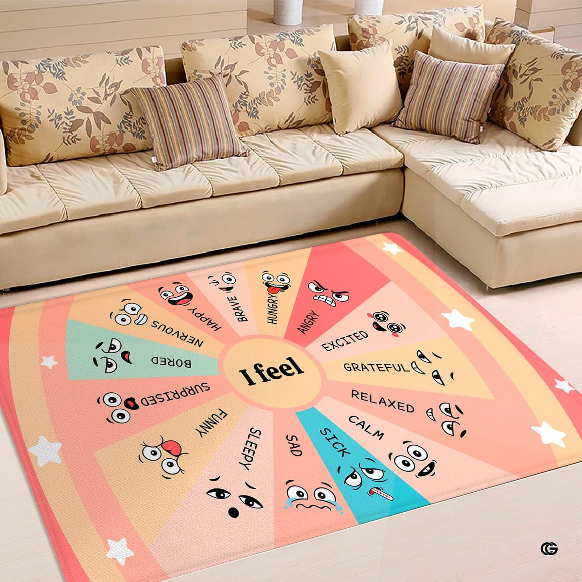 Circular emotion chart area rug showing expressive mood slices and distinct outer borders.