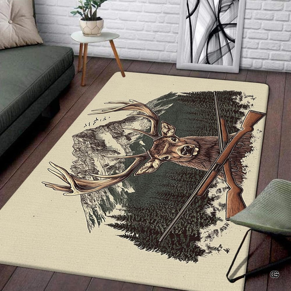 Stag deer wildlife area rug styled on hardwood flooring inside a cabin living room setting.
