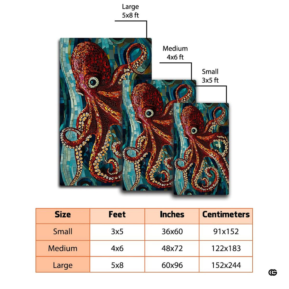 Living room setting featuring stained glass octopus rug under an accent table.
