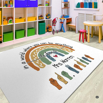 Dimensions and sizing options chart for boho rainbow sign language classroom area rug - thumbnail image 2 of 10