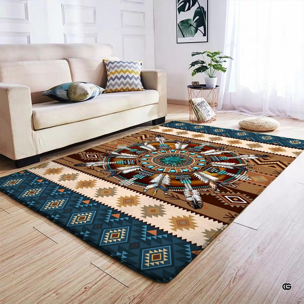 Detailed view of Navajo Aztec chevron border pattern in earthy brown, teal, and cream colors.