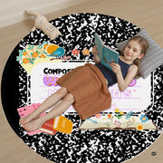 Wide shot of the artistic study themed area rug centered in an aesthetic workspace decor setting. - thumbnail image 7 of 7