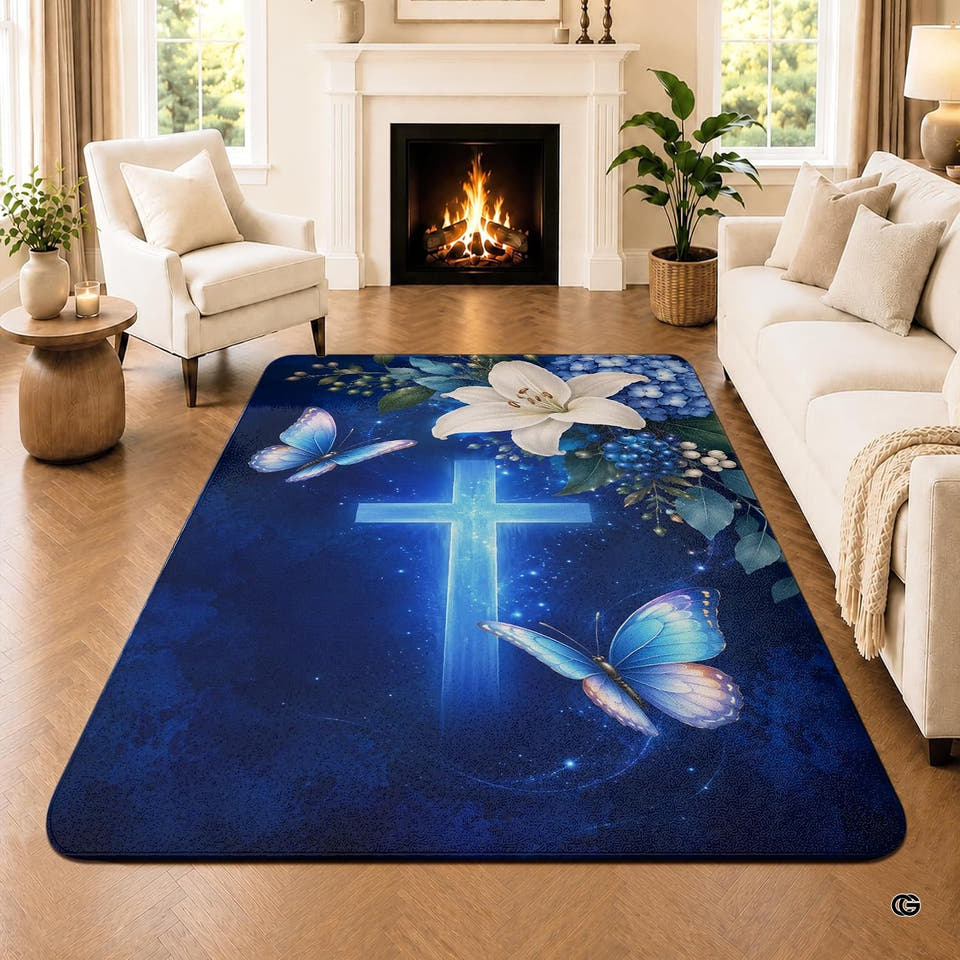 Luminous cross area rug with butterflies and white lily on wood floor