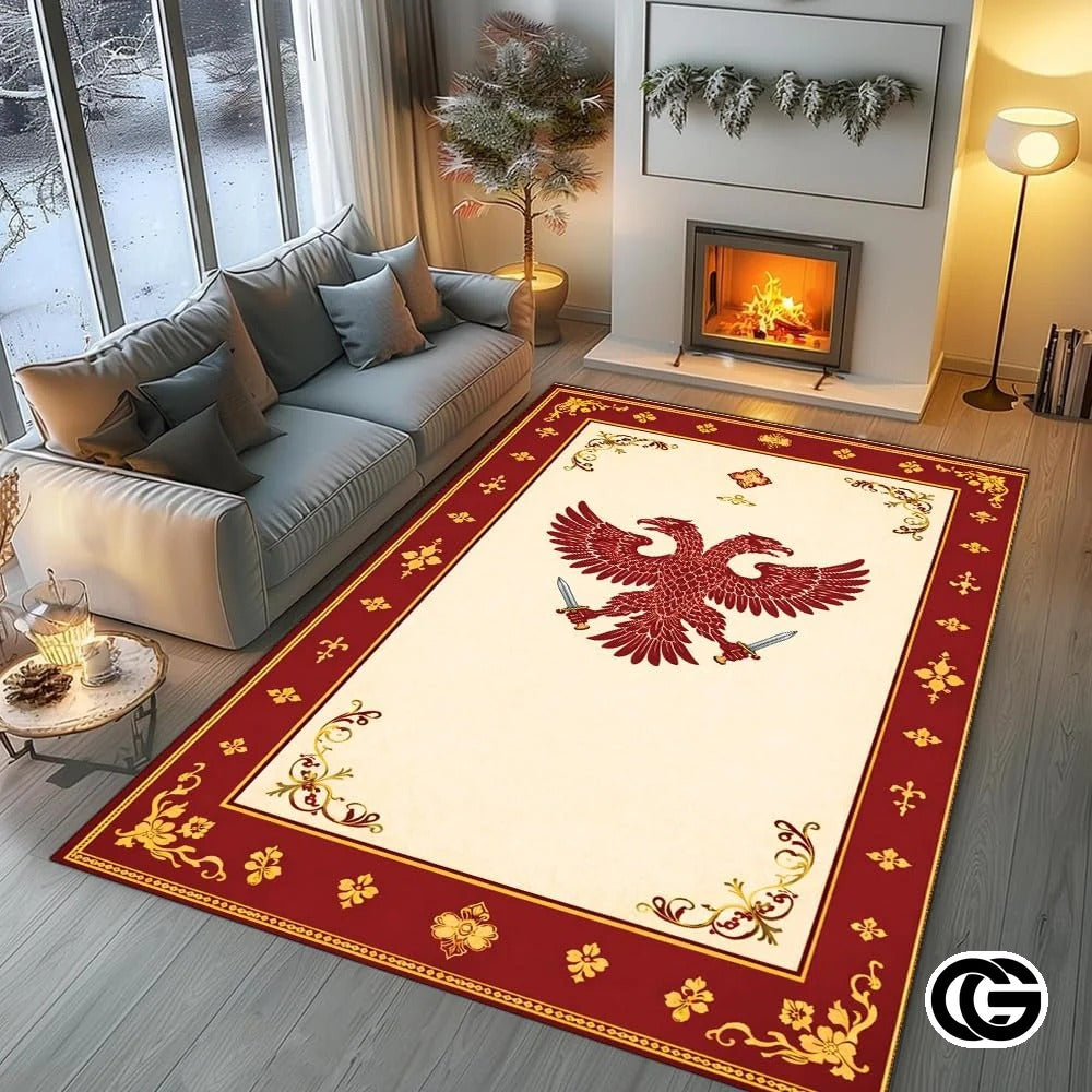 Custom Orthodox Christian Area Rug with Three Bar Cross and Byzantine Eagle - D3