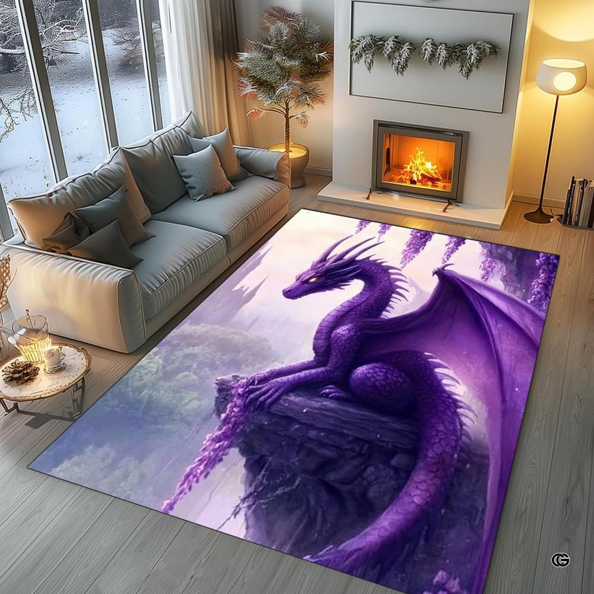 Gaming room layout displaying the fantasy purple dragon cliff rug centered on flooring