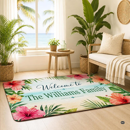 Personalized Tropical Beach Rug, Custom Family Name Tropical Outdoor Rug, Flamingo Surfboard Ocean Area Rug for Living Room, Patio, Beach House Decor, Design 07