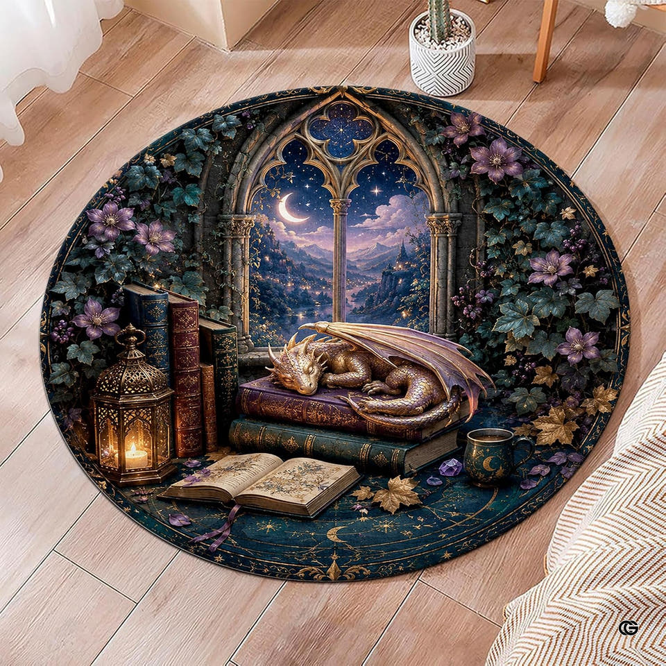 Gothic window sleeping dragon bookshelf fantasy circular area rug in primary perspective