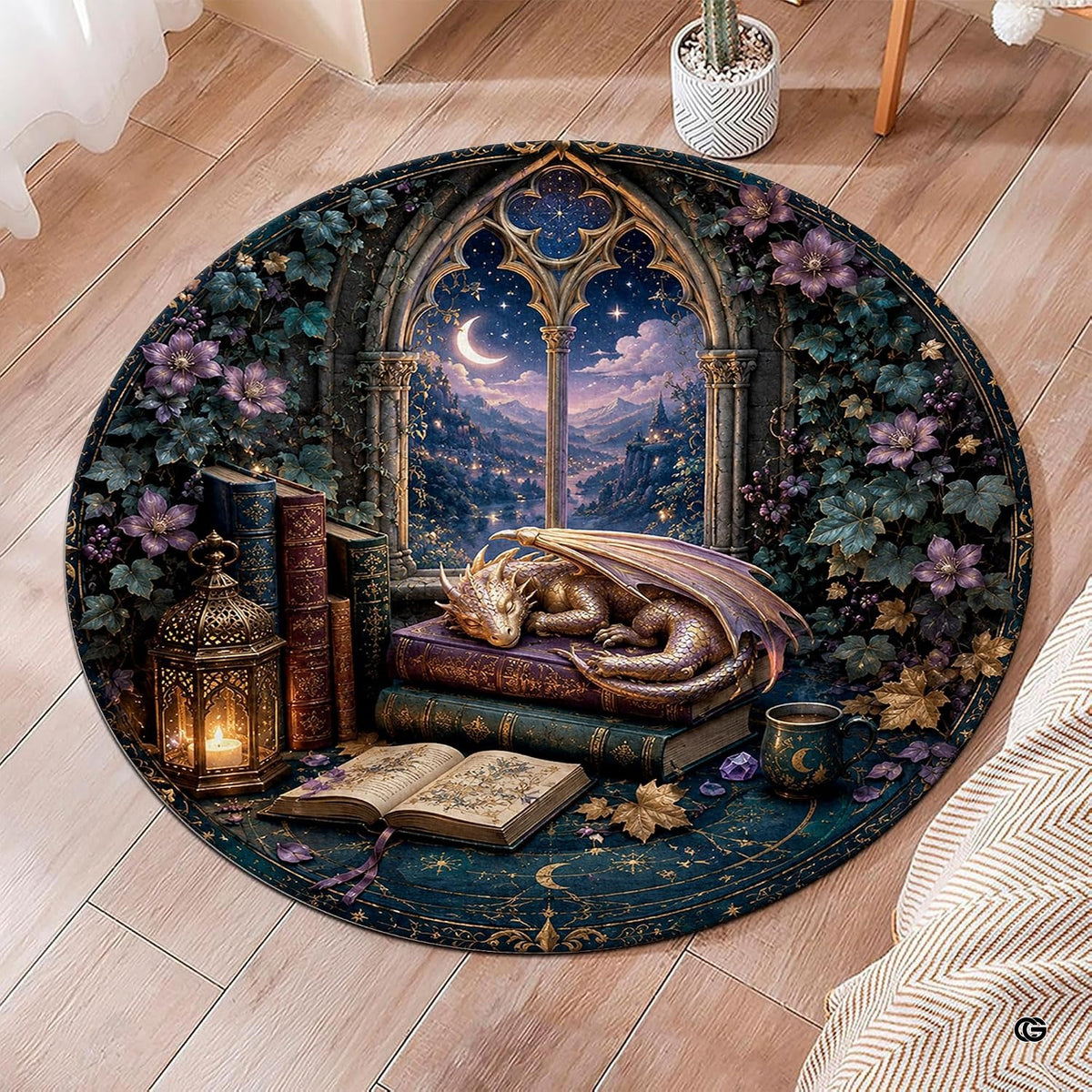Gothic window sleeping dragon bookshelf fantasy circular area rug in primary perspective