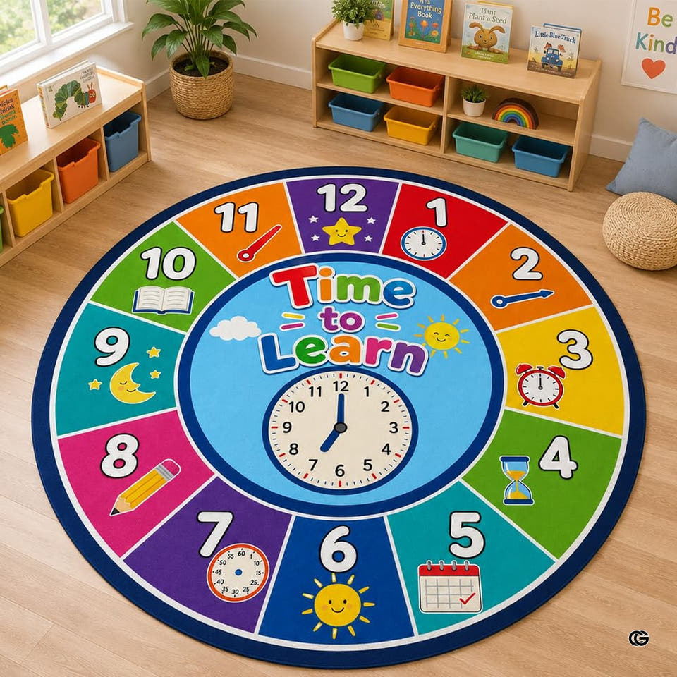 Analog clock dial numbers educational kids area rug - primary perspective