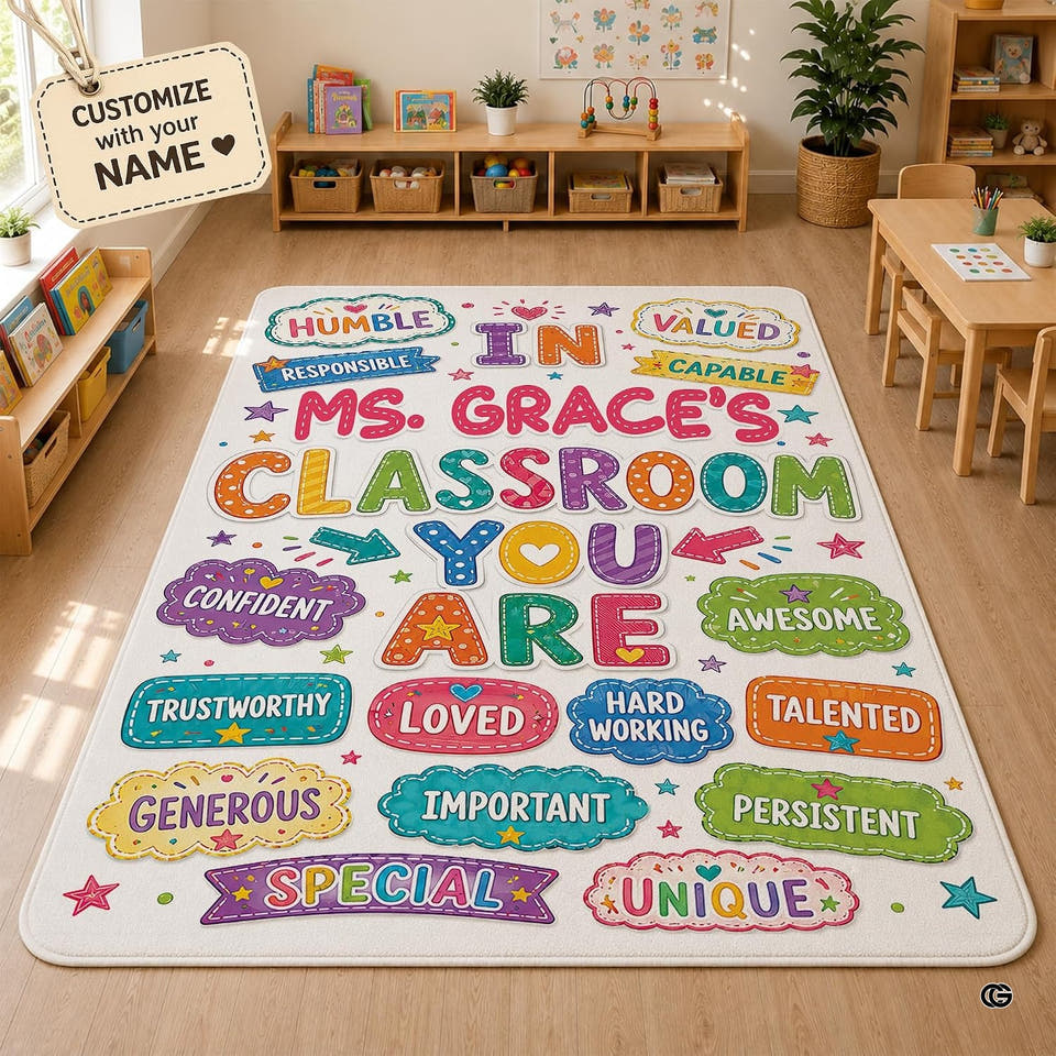 Classroom Area Rug showcasing bright motivational banners and colorful graphic badges on white backdrop.