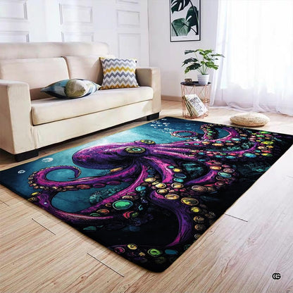 Vivid purple octopus living room area rug styled in modern patio lounge setting - thumbnail image 5 of 7