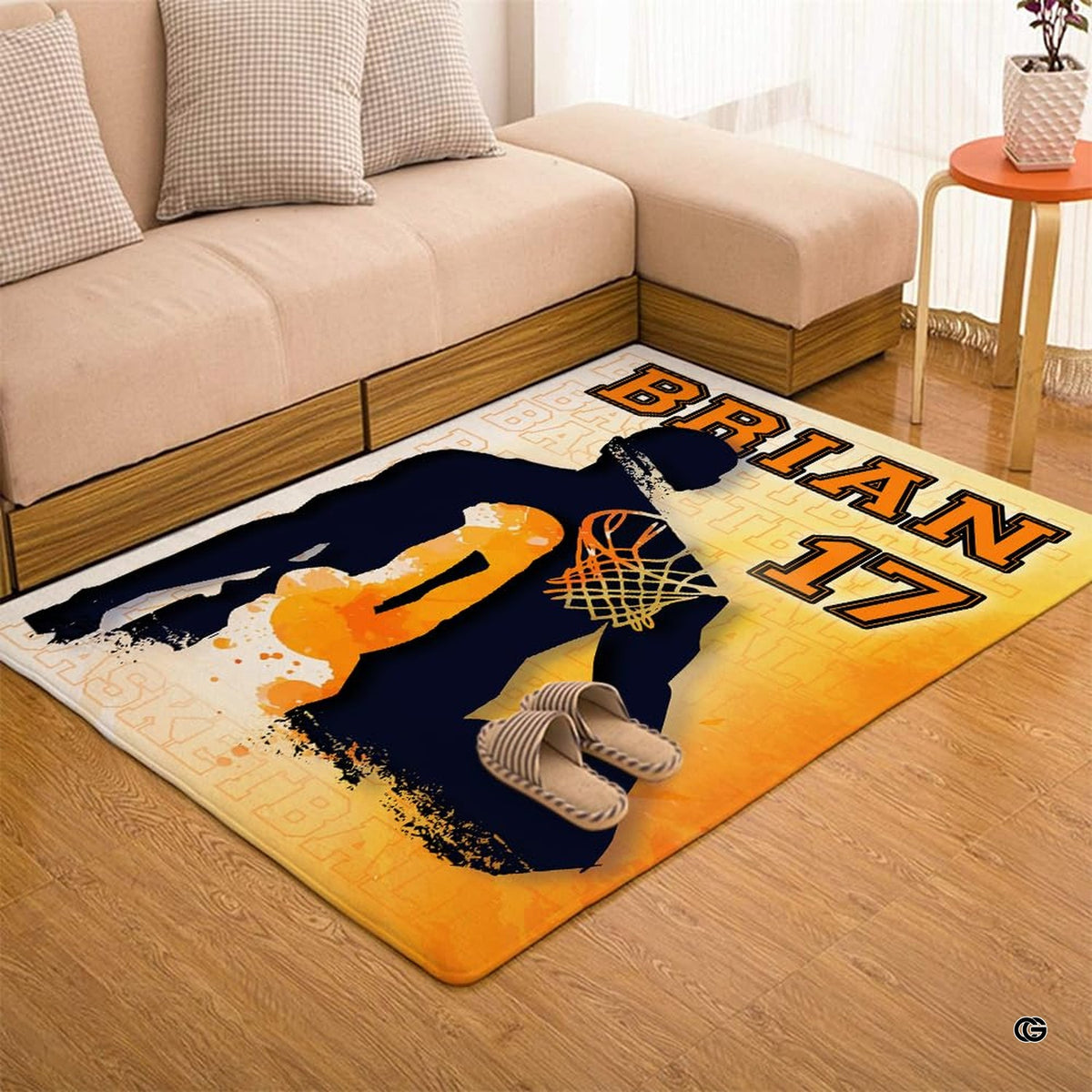 Top-down overhead view of rectangular basketball player silhouette living room area rug