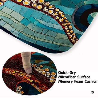 Close-up perspective of vibrant red tentacles across blue mosaic tile motif. - thumbnail image 5 of 7