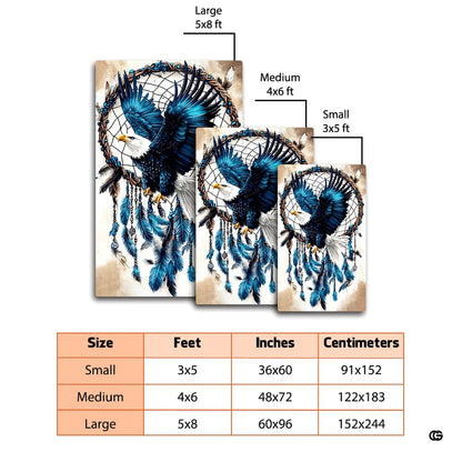 Overhead perspective of blue coastal rug displaying soaring eagle and dreamcatcher artwork. - thumbnail image 2 of 7