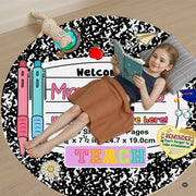 Top down overhead view of composition notebook classroom theme area rug showcasing schoolhouse stationery illustrations. - thumbnail image 5 of 7