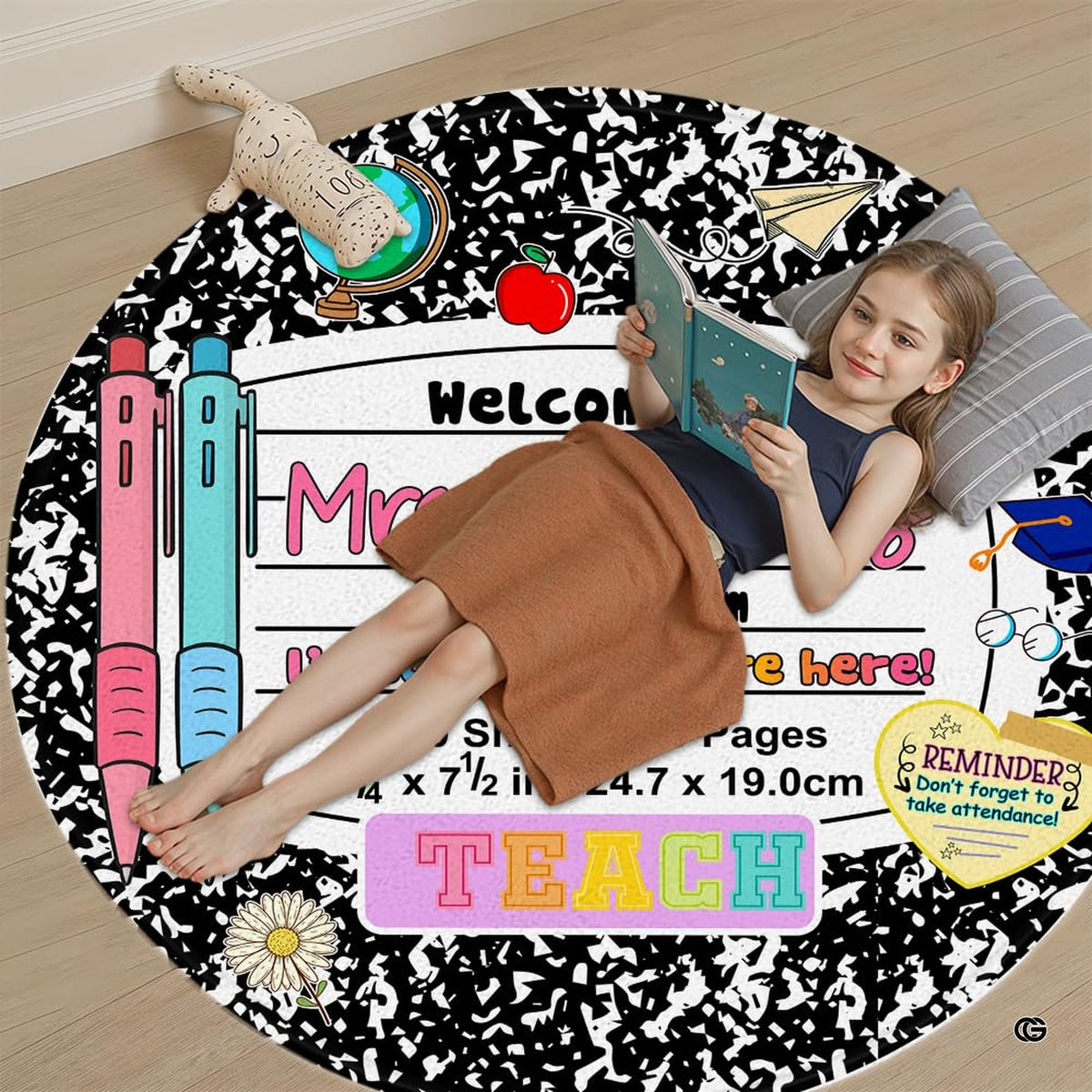 Top down overhead view of composition notebook classroom theme area rug showcasing schoolhouse stationery illustrations. - image 5 of 7