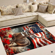 Detailed perspective of majestic buck antlers, red maple leaves, and stars on rustic outdoor themed rug. - thumbnail image 4 of 5