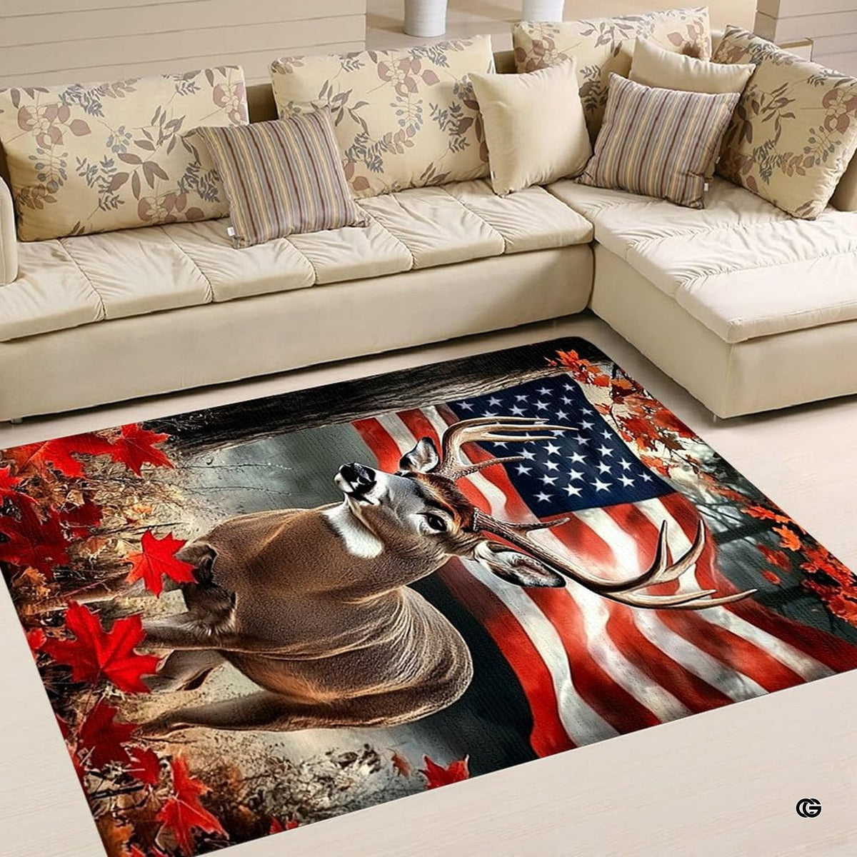 Detailed perspective of majestic buck antlers, red maple leaves, and stars on rustic outdoor themed rug. - image 4 of 5
