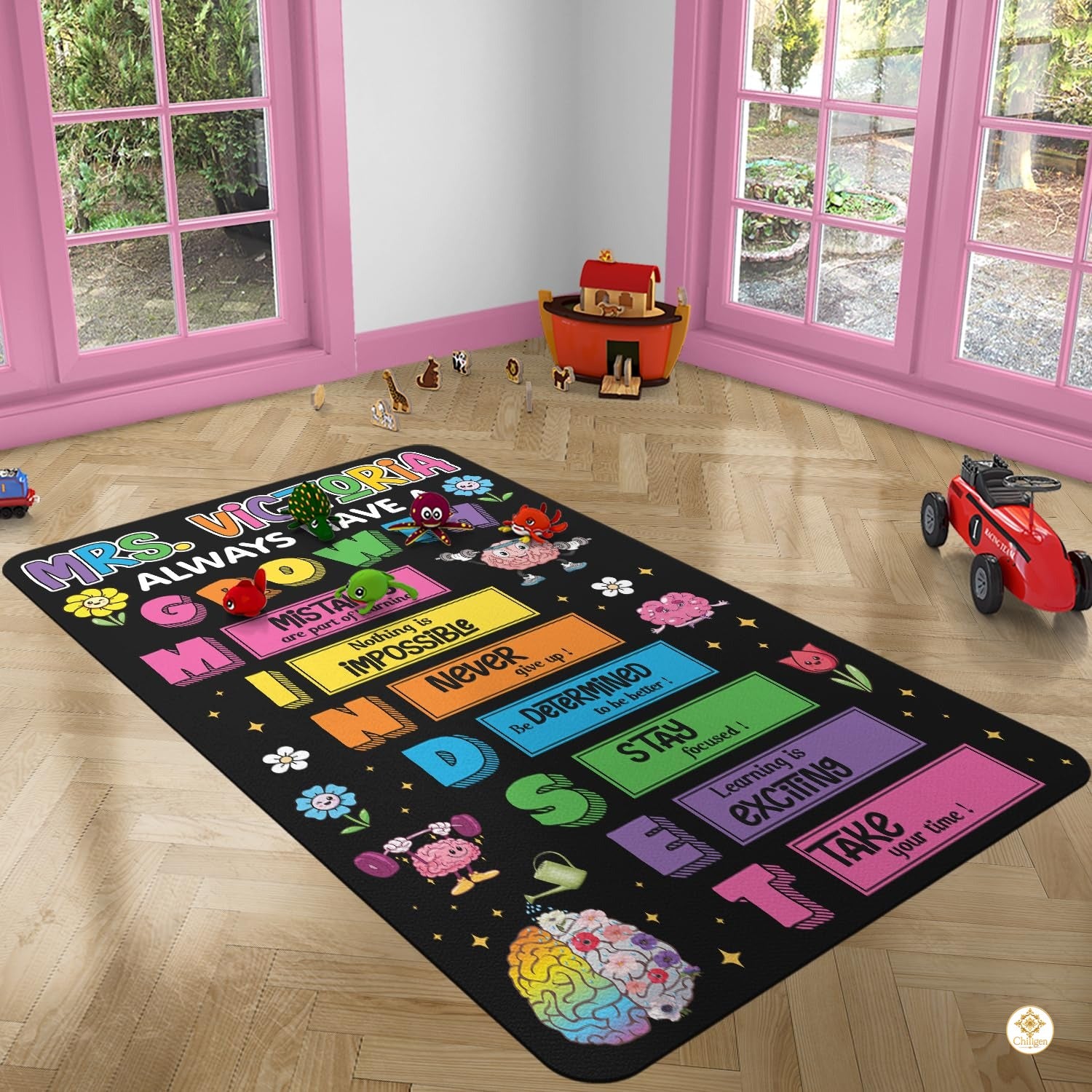 Custom Welcome Mat with Notebook Design and Teacher Name