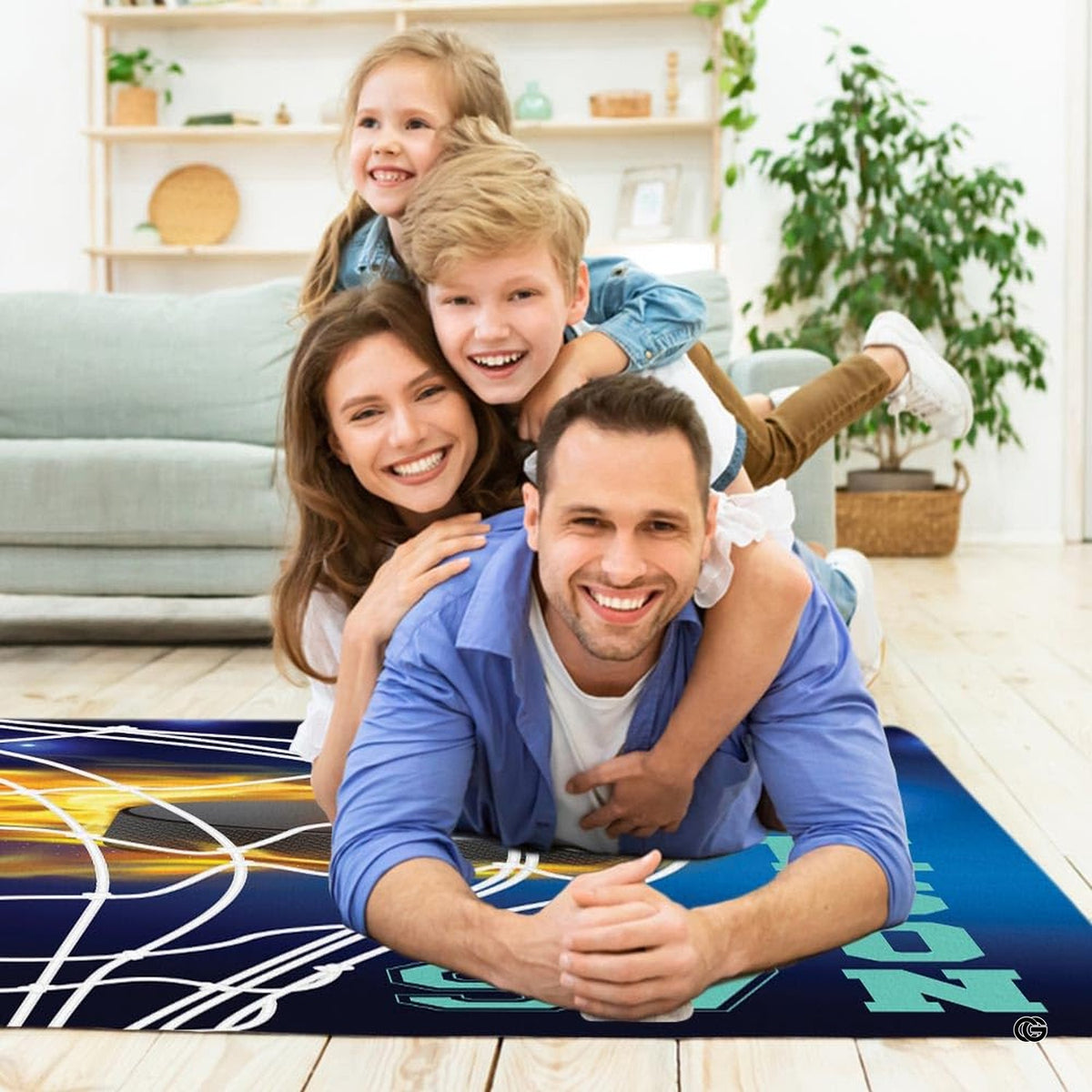 Room decor layout displaying an energetic hockey field rug positioned in front of seating.